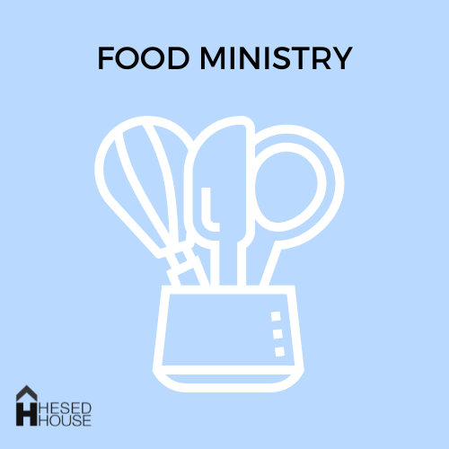 Food Ministry cover image that has an icon of cooking tools inside a utensil holder to depict the various needs our food ministry has.